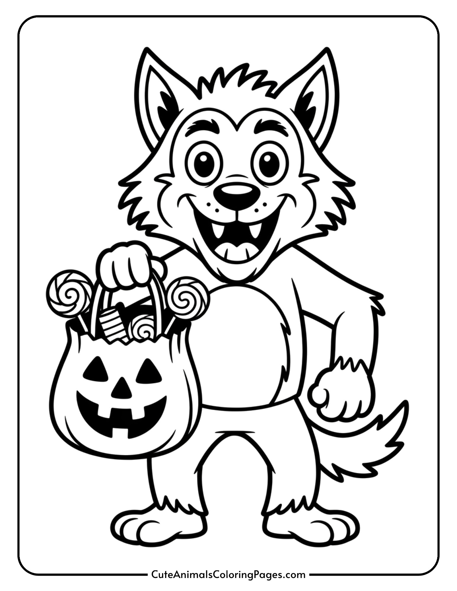 A happy cartoon werewolf holds a trick-or-treat bag overflowing with Halloween candy.