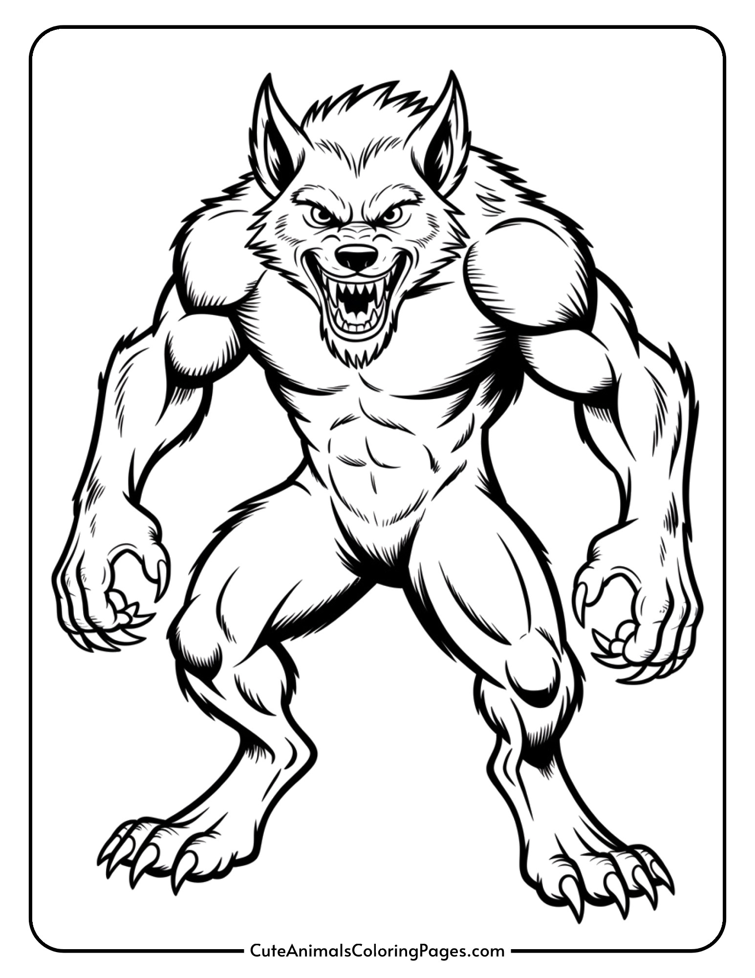 A fierce muscular werewolf stands in an aggressive pose showing fangs and sharp claws.