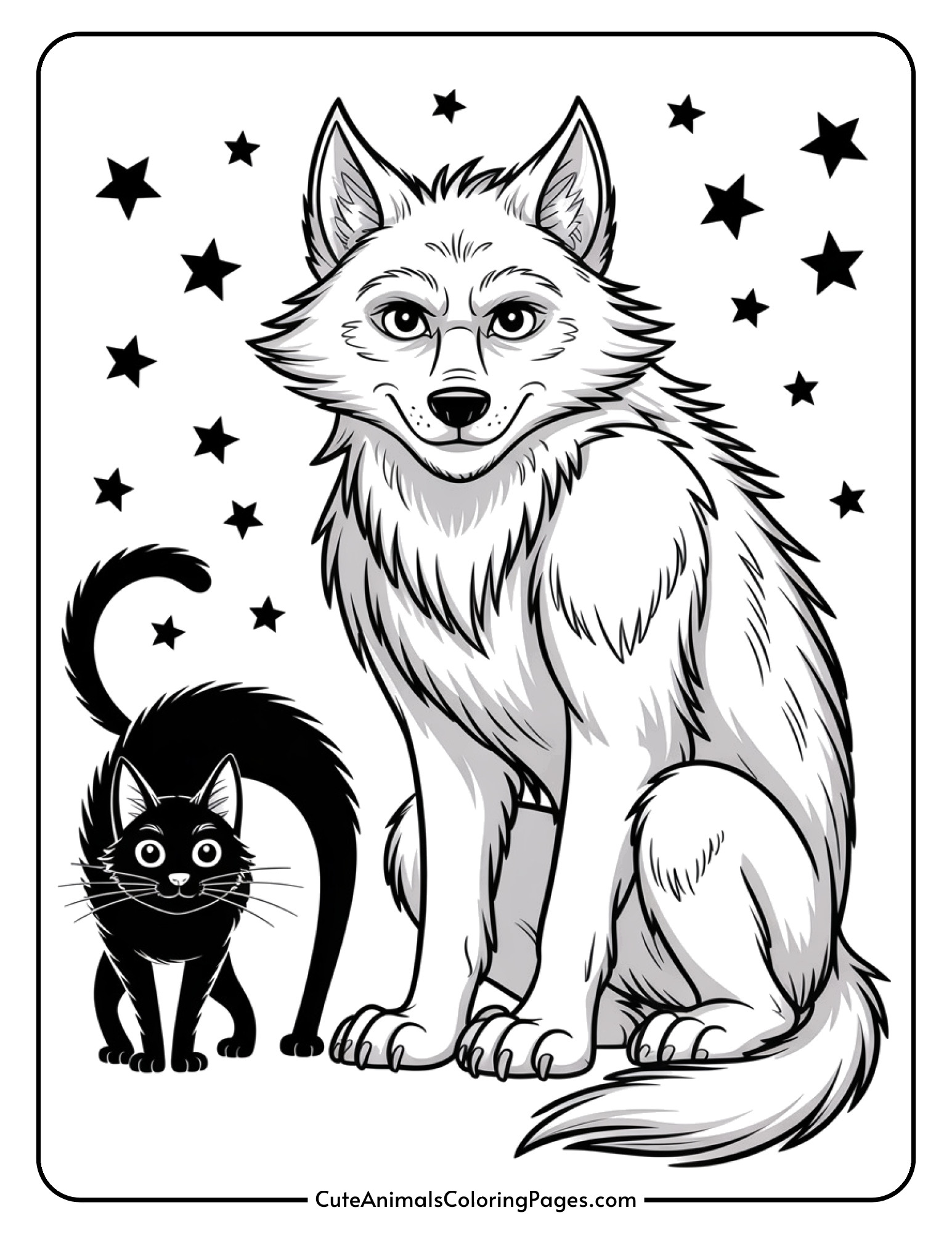 A werewolf sits peacefully next to a black cat with an arched back under a starry sky.