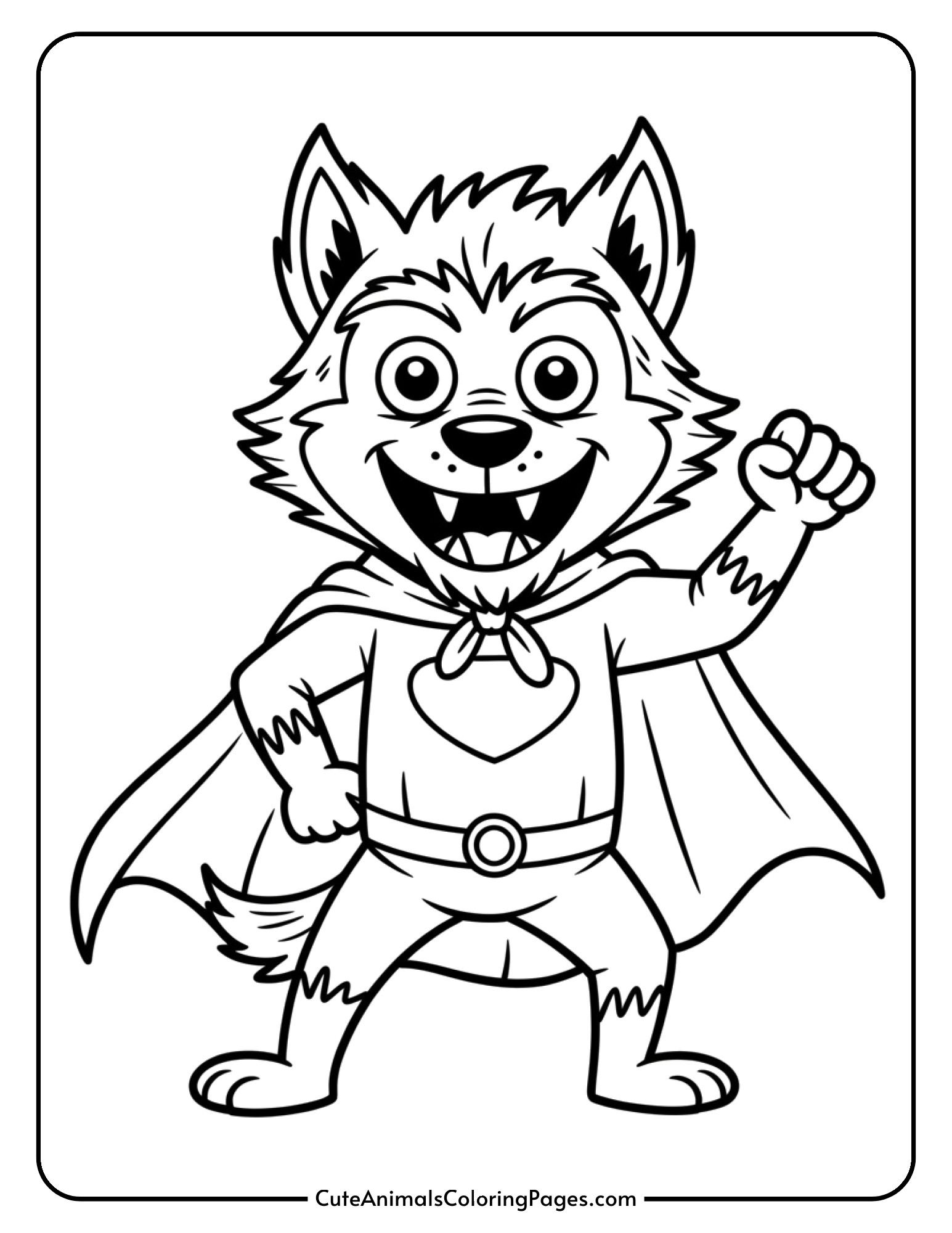 A werewolf is dressed in a silly superhero costume with a cape for a Halloween party.