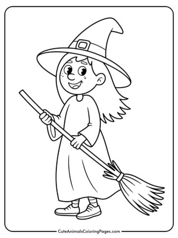 A witch wearing a classic pointed hat and flowing dress stands holding her broomstick.