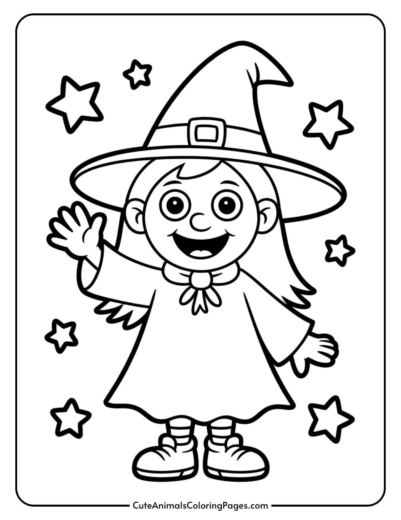 A cheerful witch with a warm smile waves her hand with magical stars floating nearby.