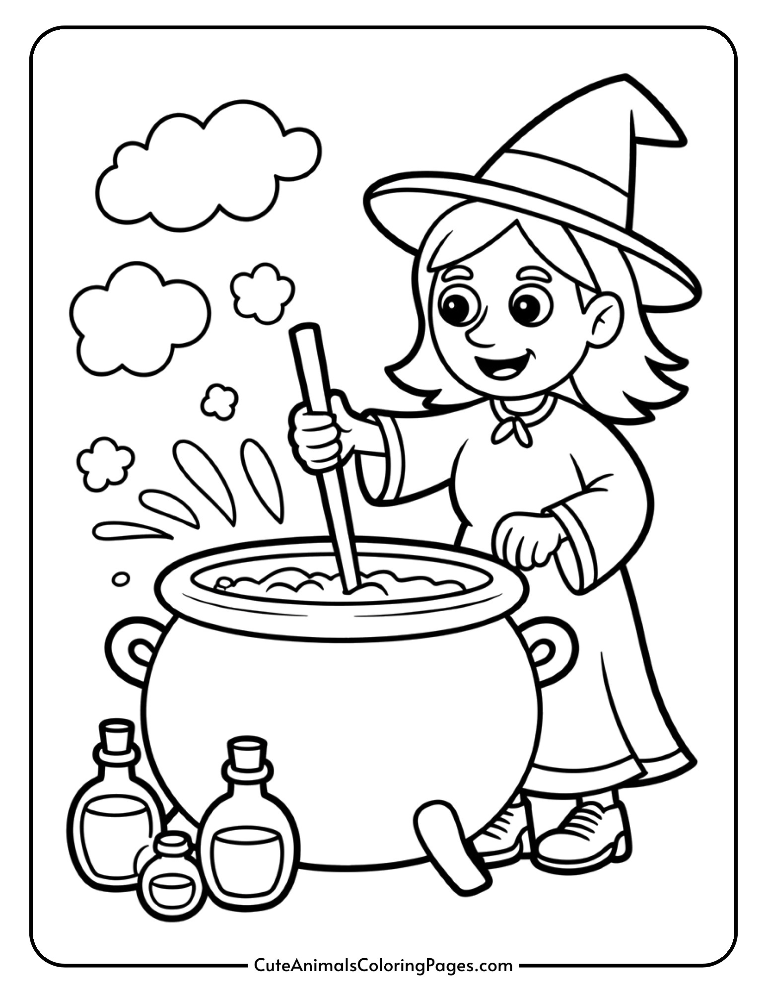 A witch stirs a large bubbling cauldron with magical steam rising and potion bottles scattered around.