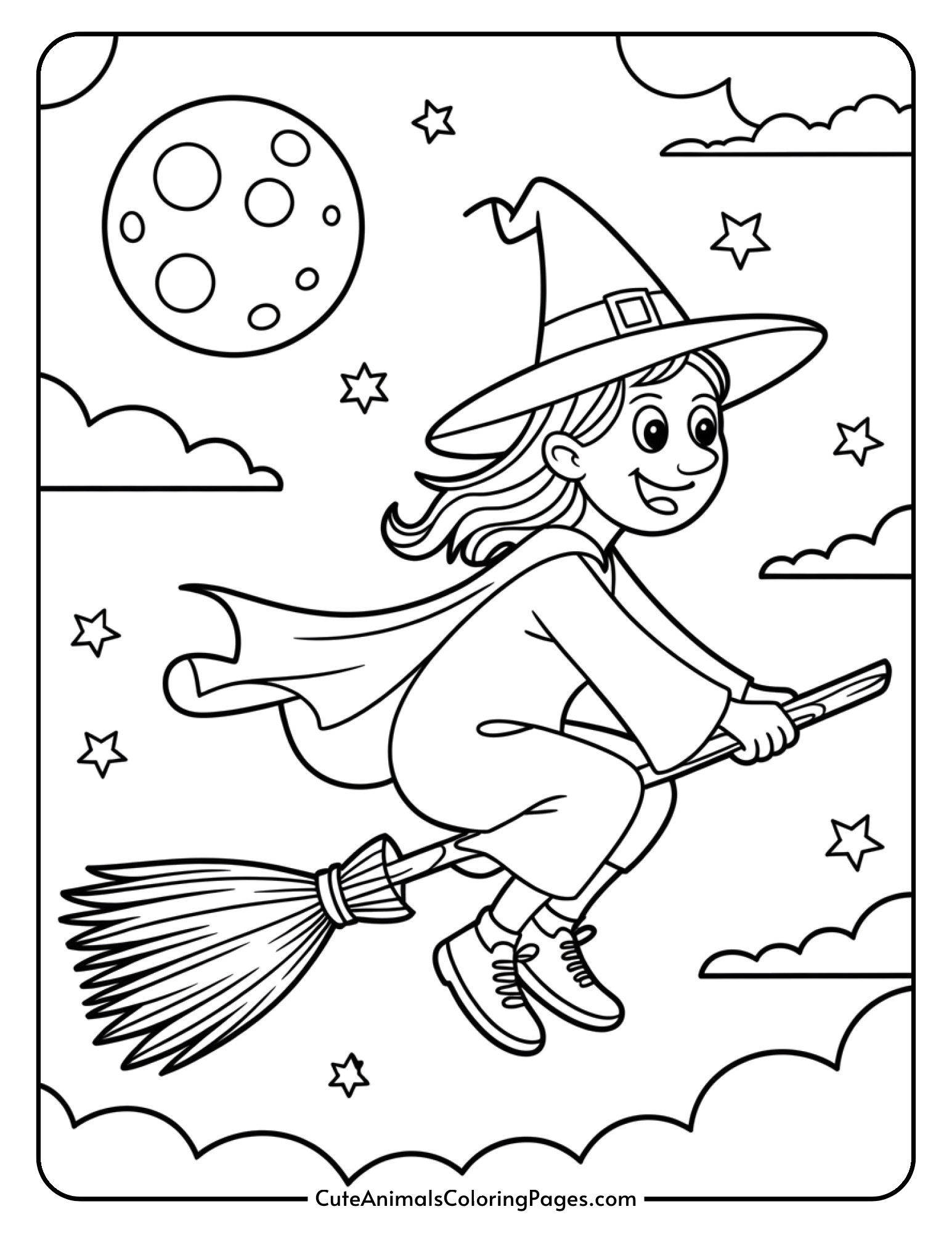A witch soars through the night sky on her broomstick with a crescent moon and fluffy clouds in the background.