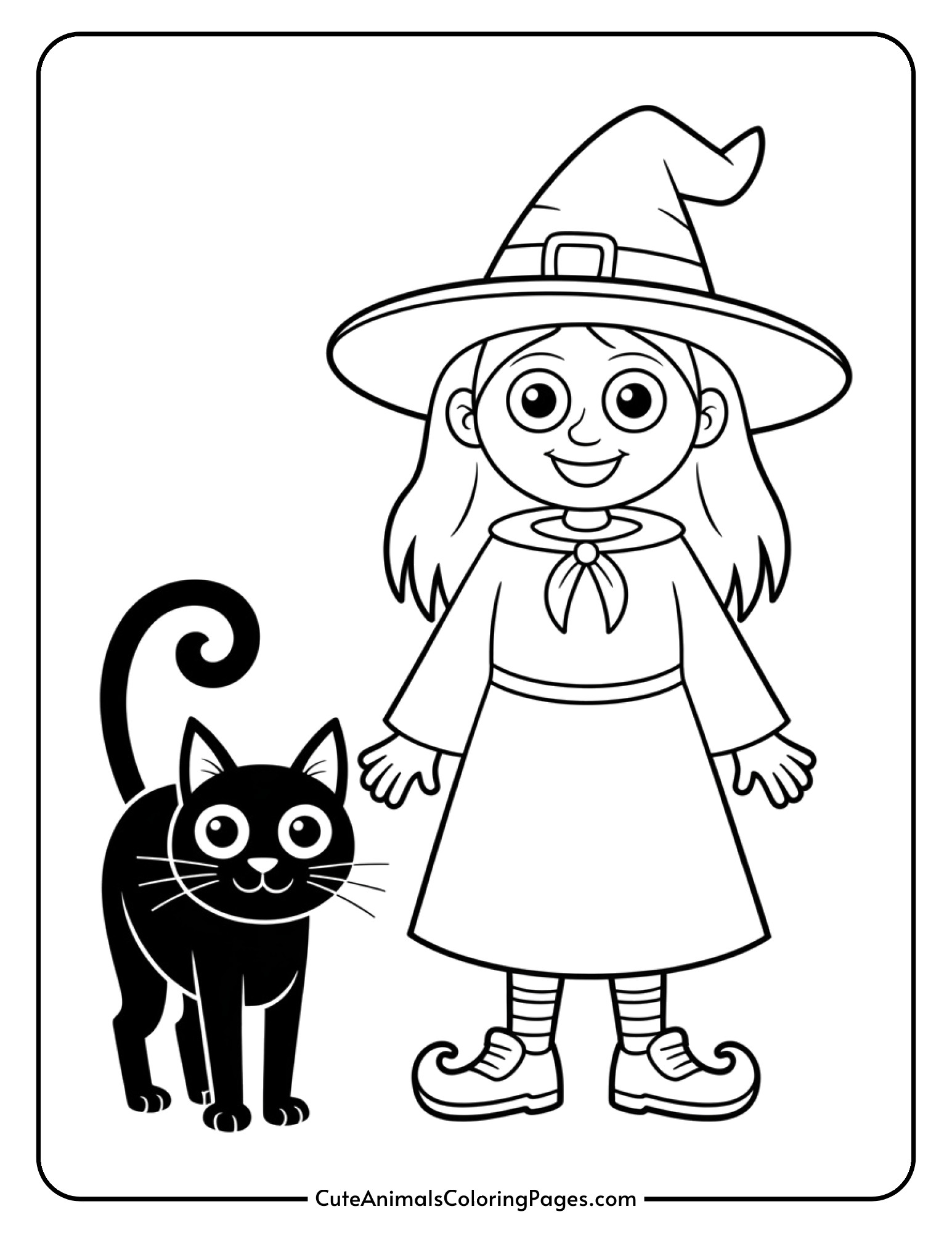 A witch stands beside her black cat companion who has a distinctively curled tail.