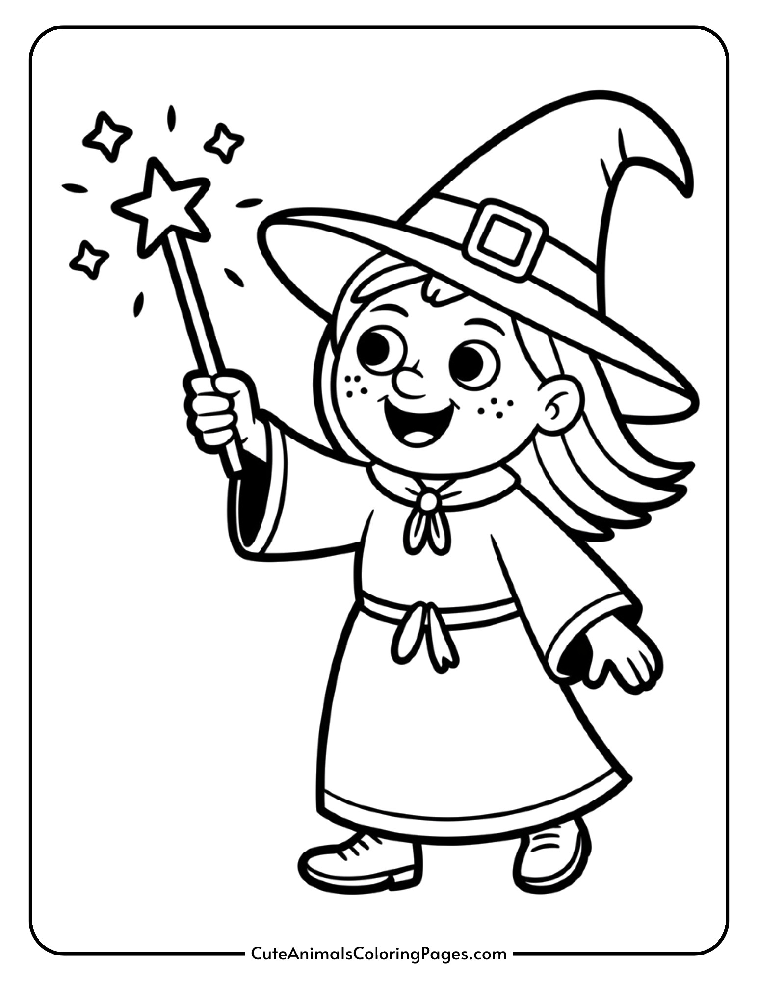 A witch holds up a magic wand with sparkles and stars bursting from its tip.