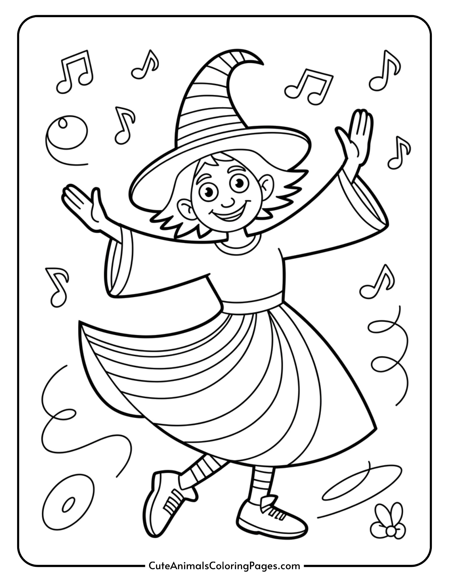 A playful witch dances with her dress swirling around her and musical notes floating in the air.