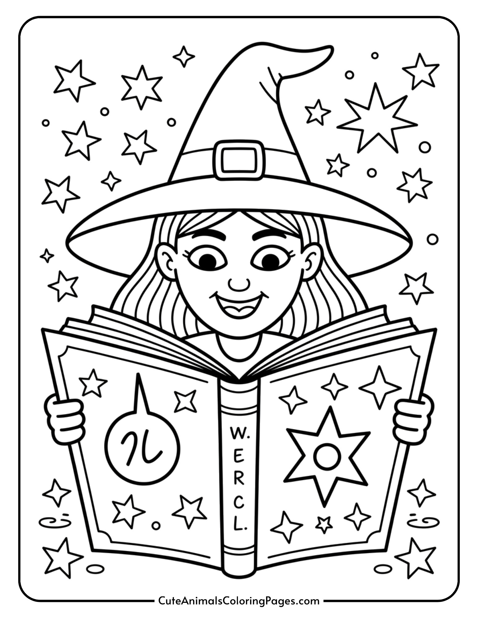 A witch reads intently from a large open spell book covered in mysterious magical symbols.