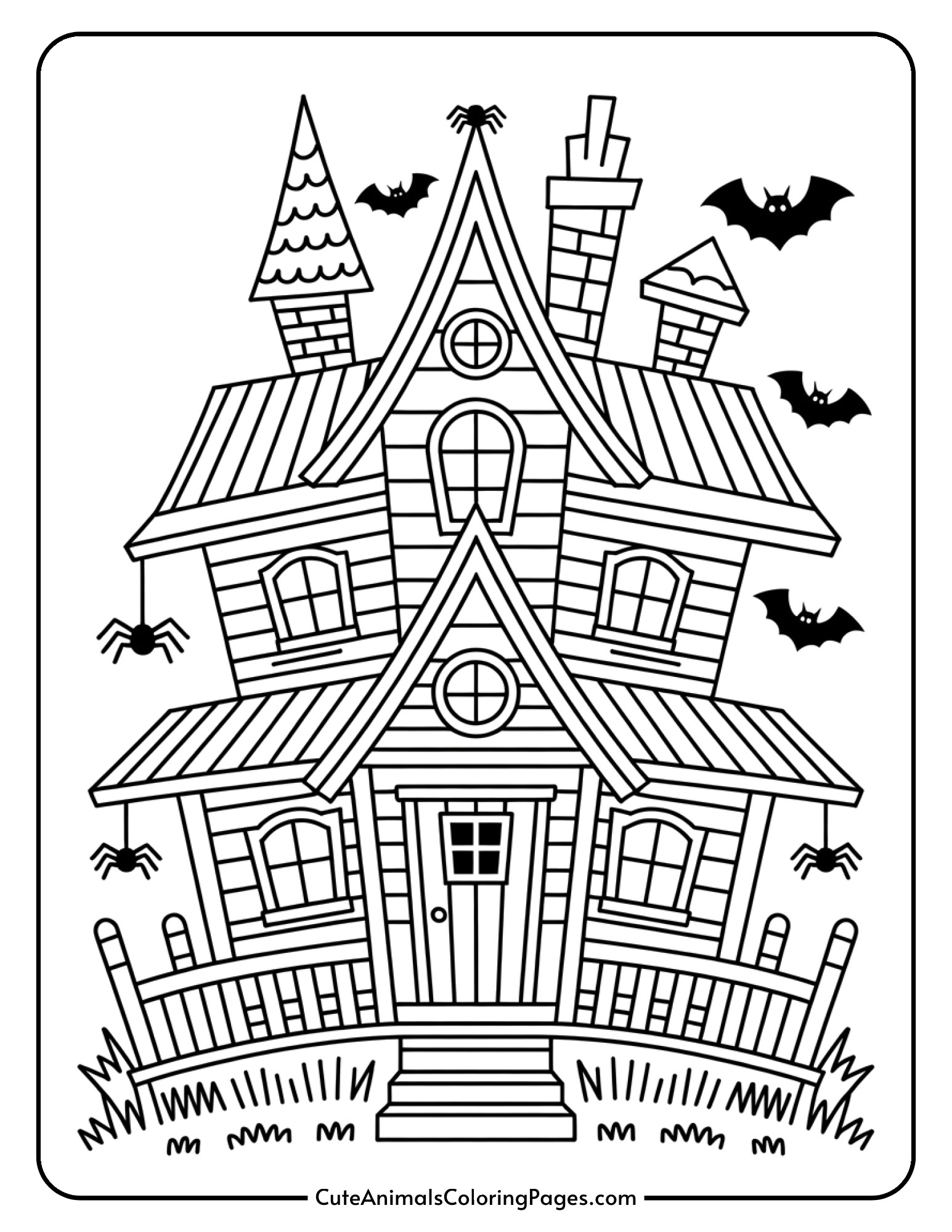 A crooked witch house features a wooden door, small windows, and spider webs decorating the corners.