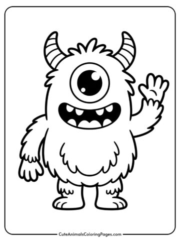 A friendly one-eyed monster with fur and horns waving at the viewer.