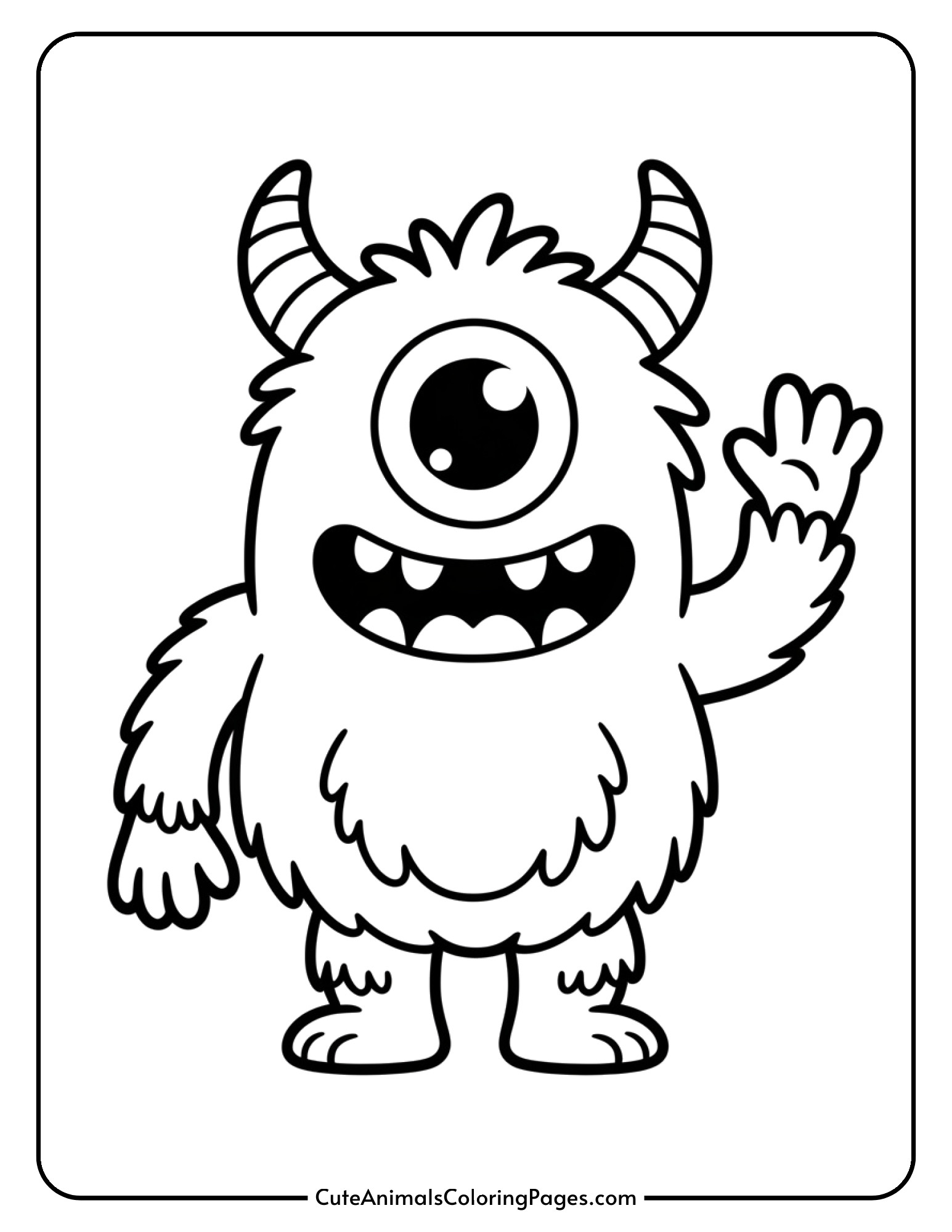 A friendly one-eyed monster with fur and horns waving at the viewer.