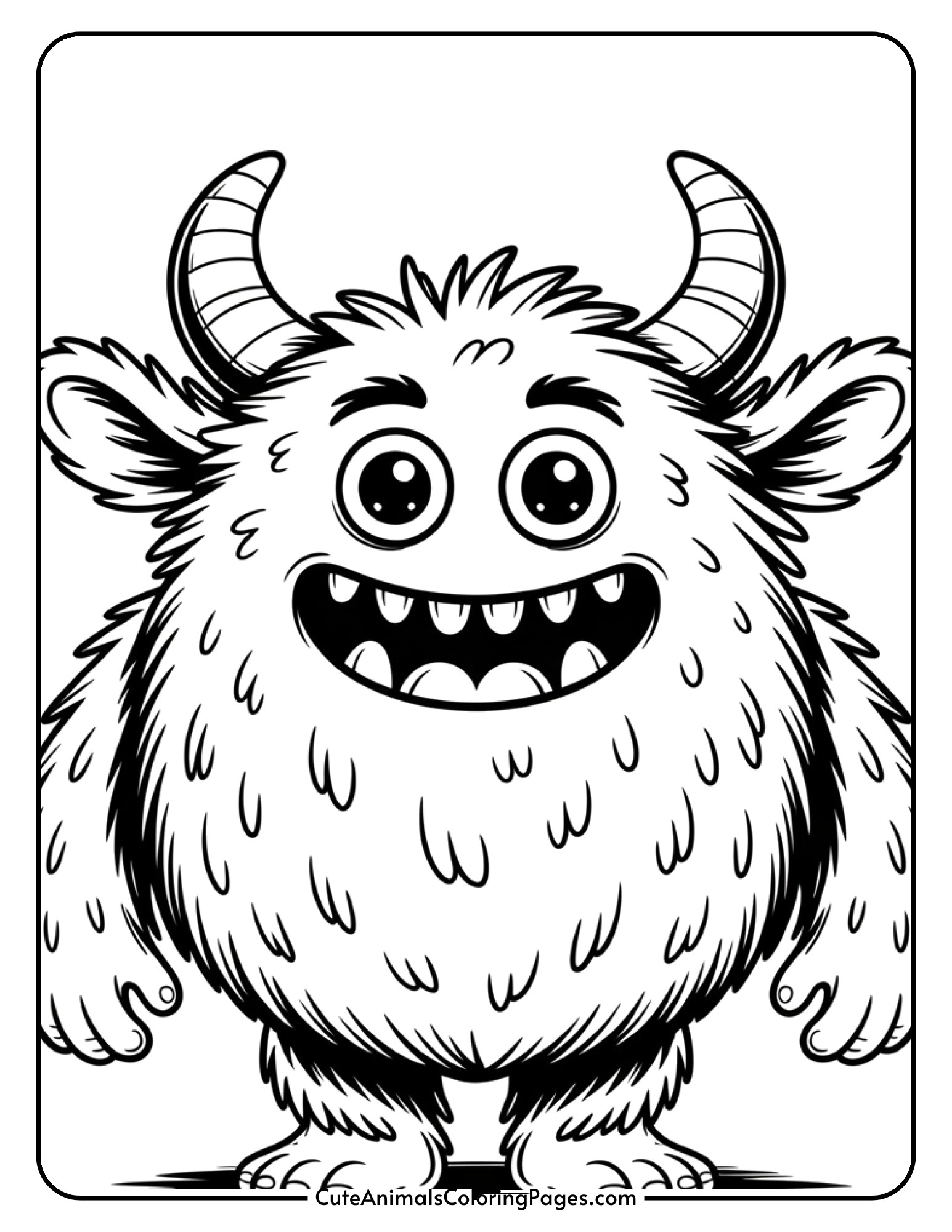 A round, furry monster with two horns and small feet at the bottom.
