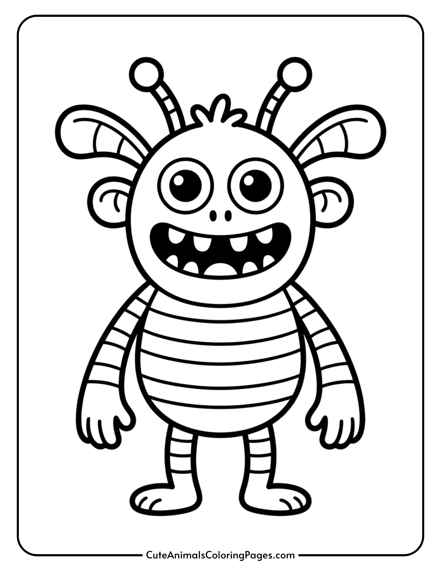 A silly monster with antennae, buck teeth, and stripes across its body.