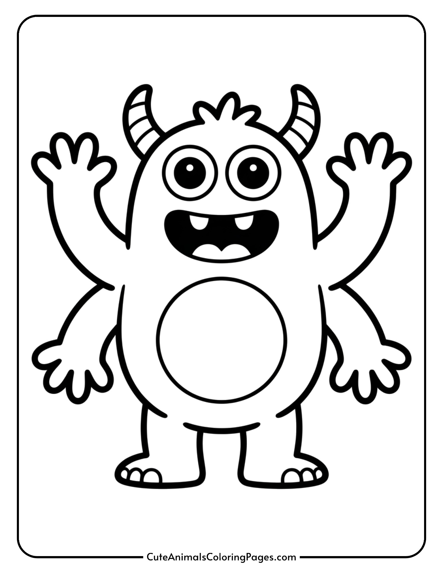 A cheerful monster with four arms waving and a round belly.