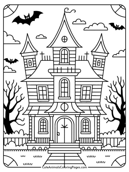 A haunted house with multiple towers and arched windows surrounded by ornate stained glass pattern sections.