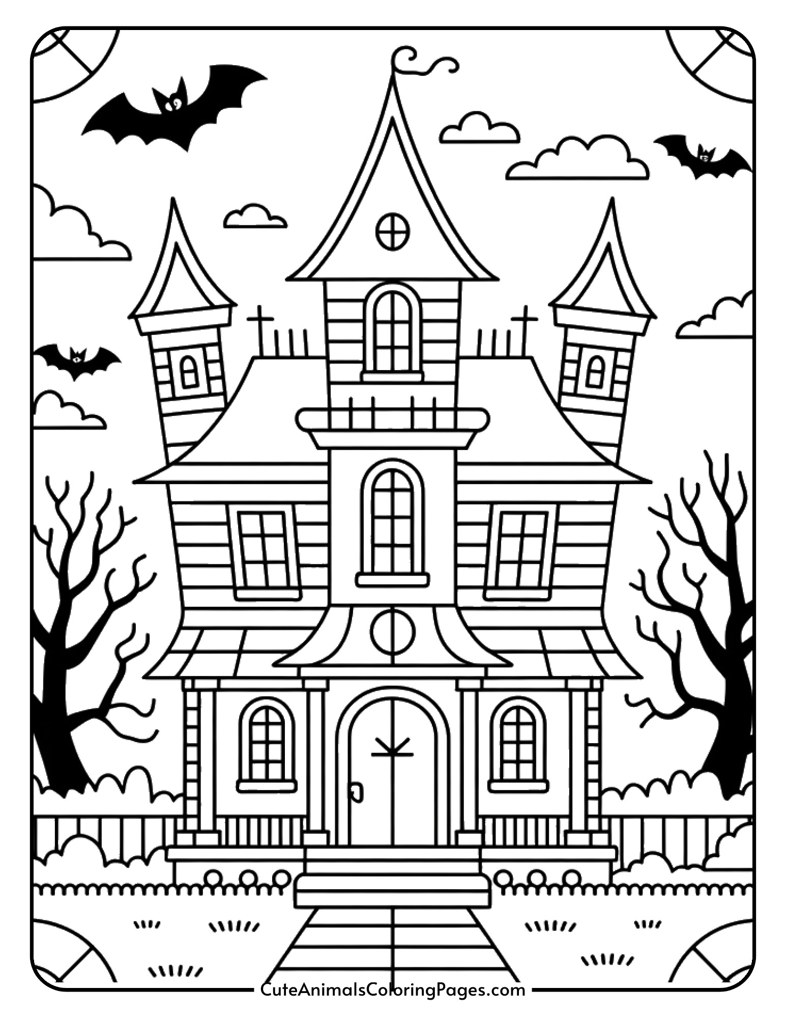 A haunted house with multiple towers and arched windows surrounded by ornate stained glass pattern sections.