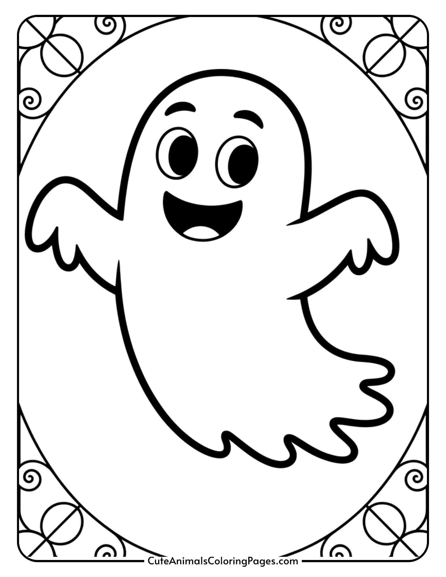 A cheerful ghost with a happy expression surrounded by swirling patterns divided into stained glass style segments.