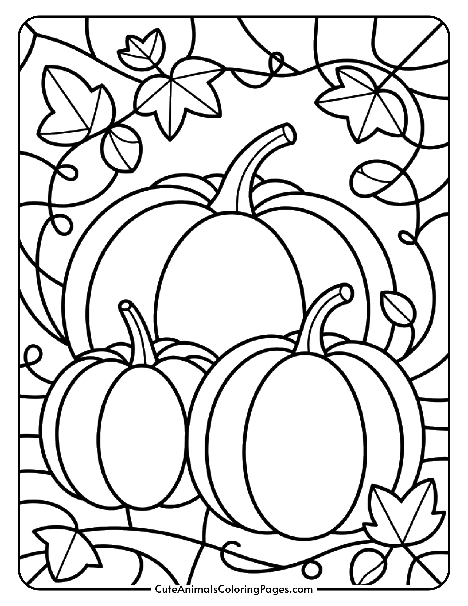 Multiple pumpkins with curling vines and leaves arranged in decorative stained glass panel sections.