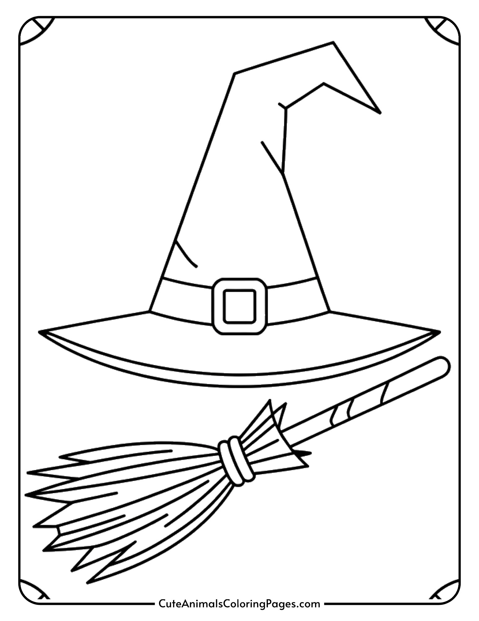 A tall pointed witch hat with decorative buckle and a broomstick arranged within stained glass style frames.