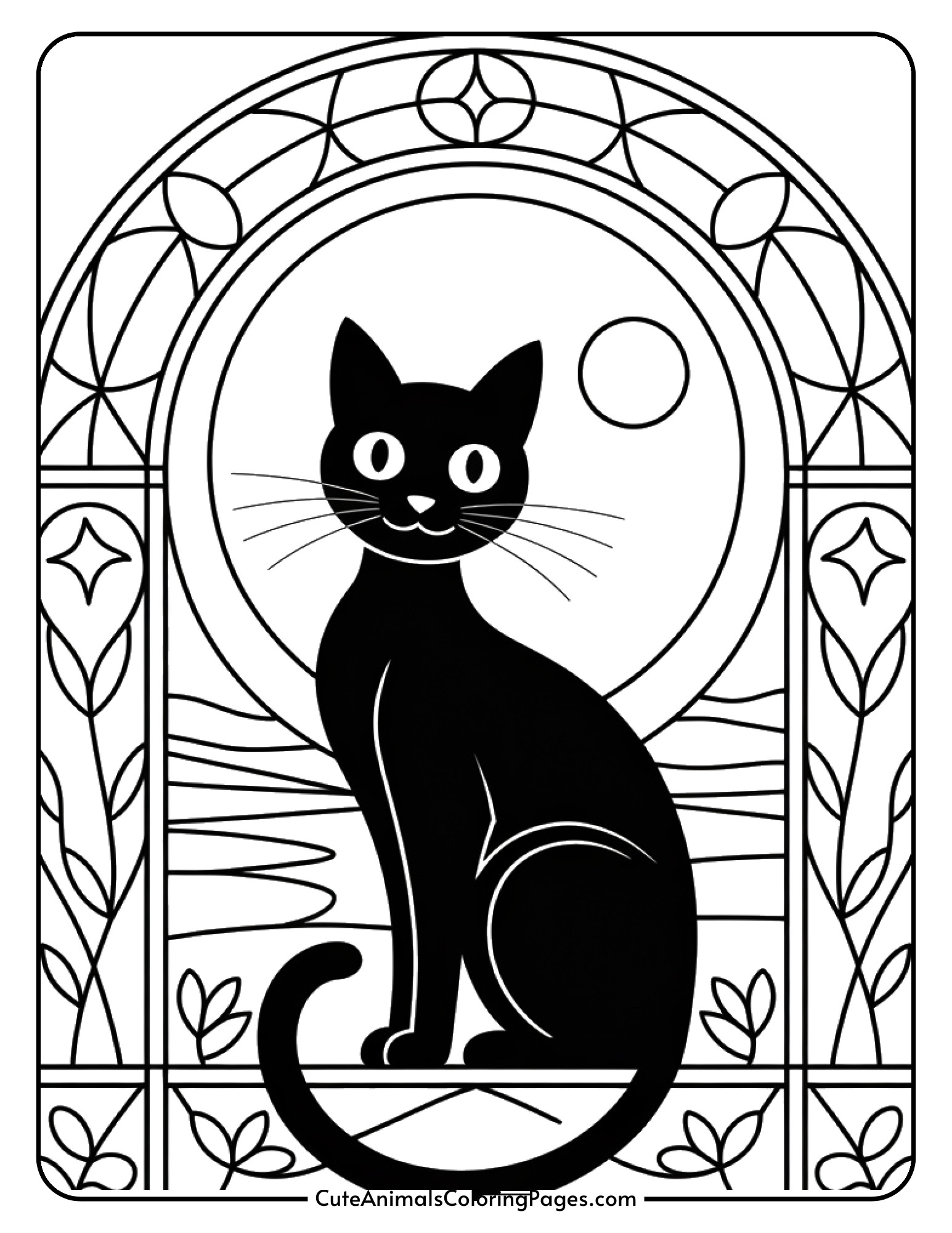 A cat with an arched back sitting beneath a full moon, surrounded by decorative stained glass pattern sections.