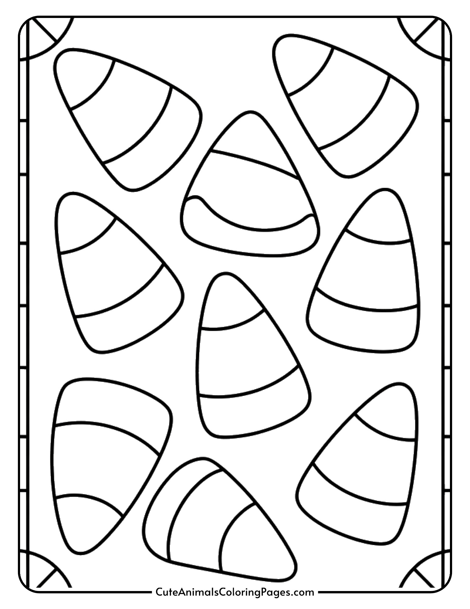 Several candy corn shapes arranged together within geometric stained glass style section divisions.
