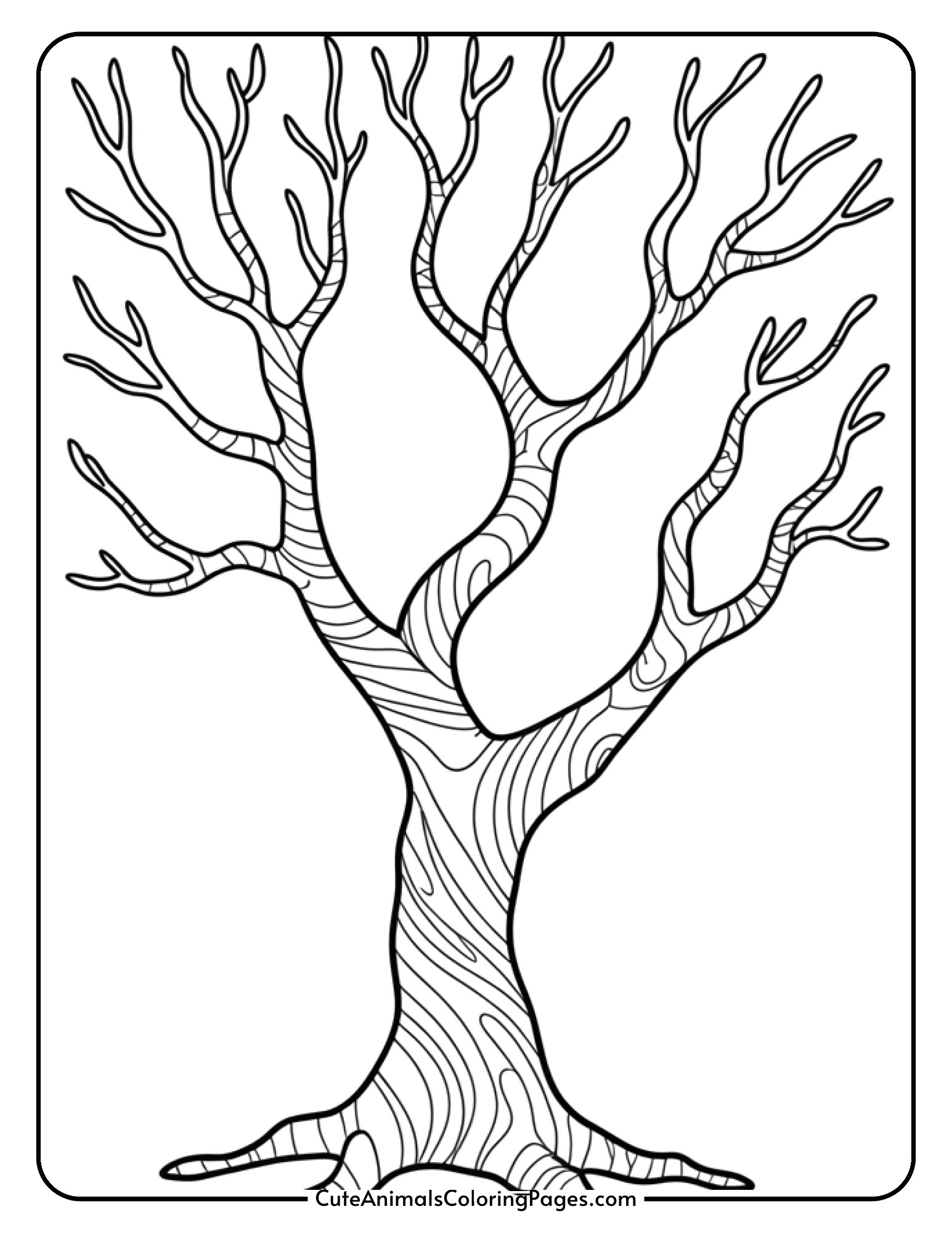 A leafless tree with twisted branches and gnarled trunk divided into stained glass style sections.