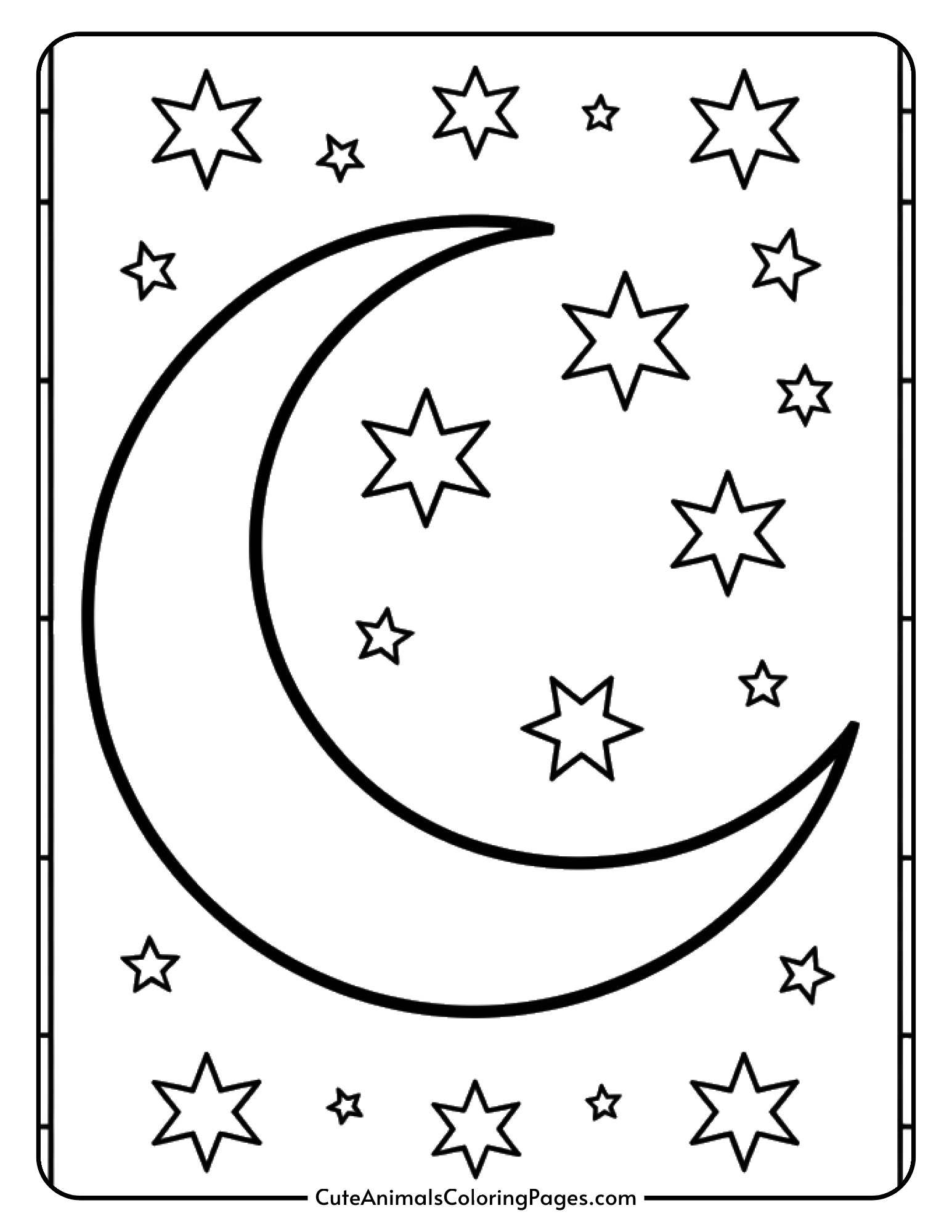 A crescent moon surrounded by stars within decorative stained glass style frame sections.