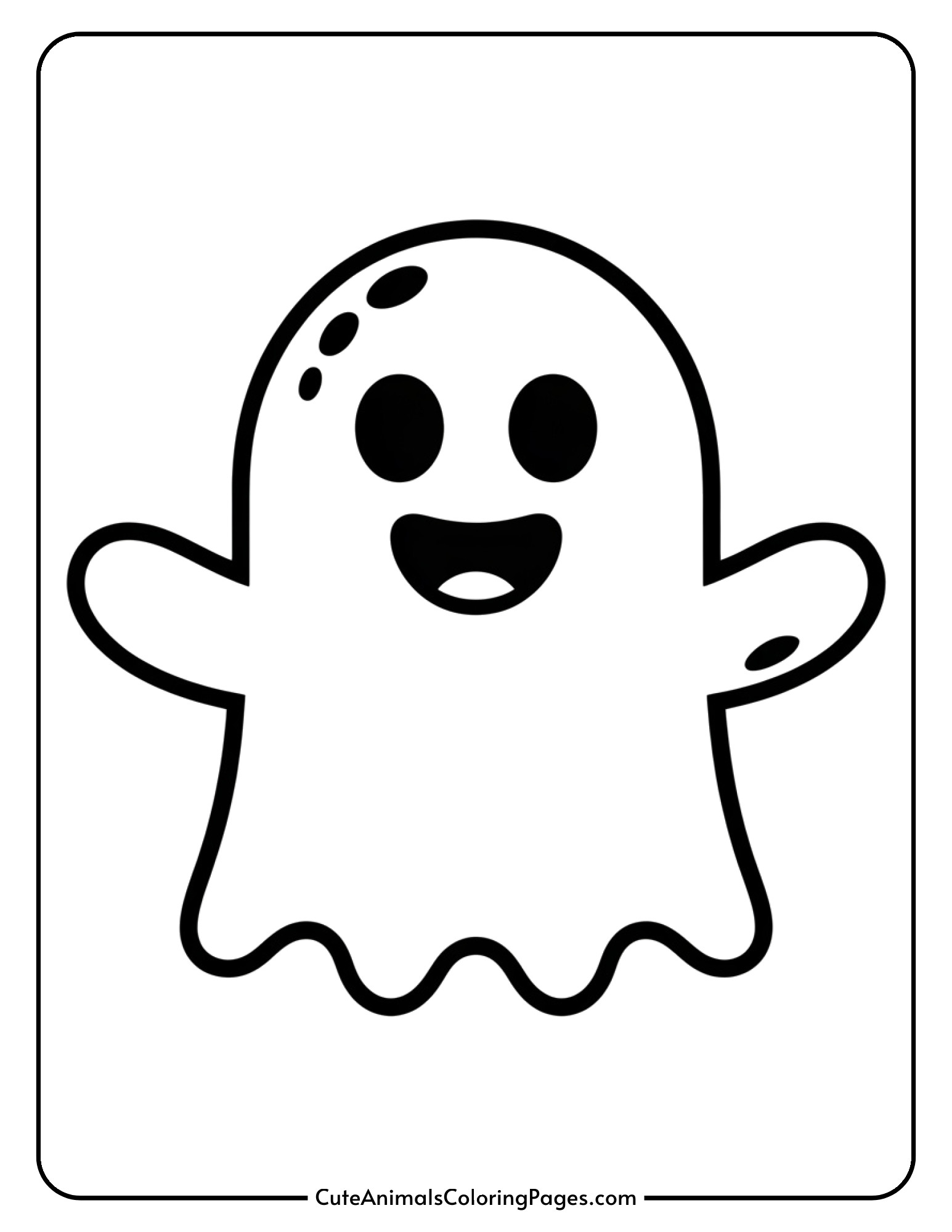 A simple friendly ghost with a smiling face and wavy bottom edge for easy toddler coloring.