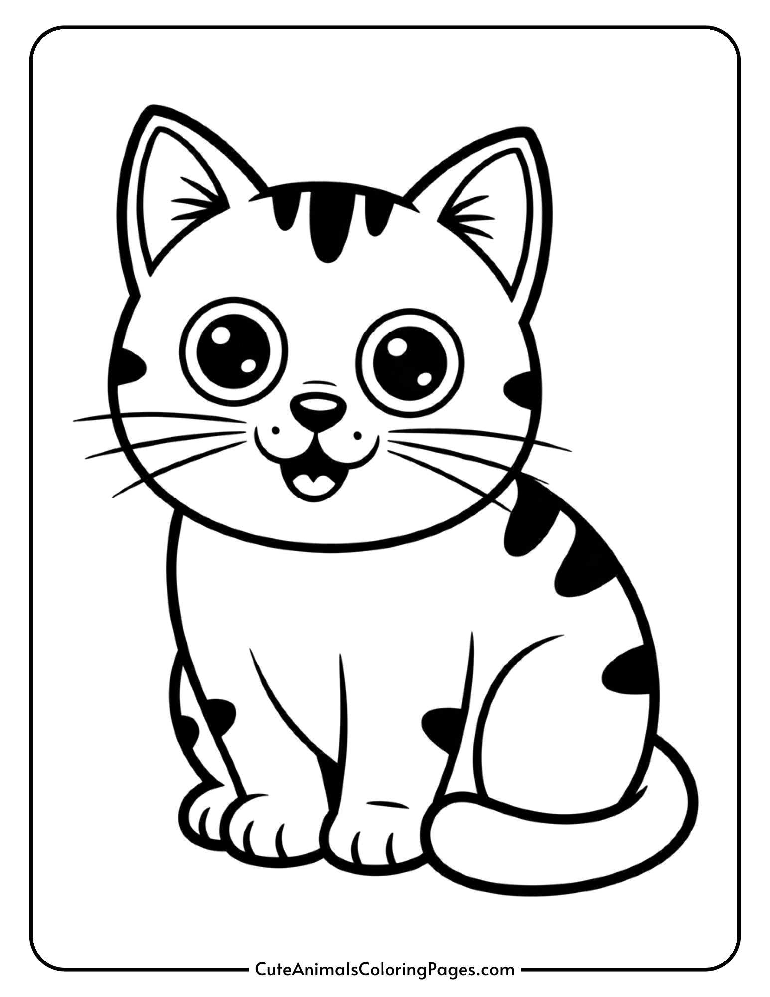 A chunky cartoon cat sitting with a round face and pointy ears designed for toddler coloring.