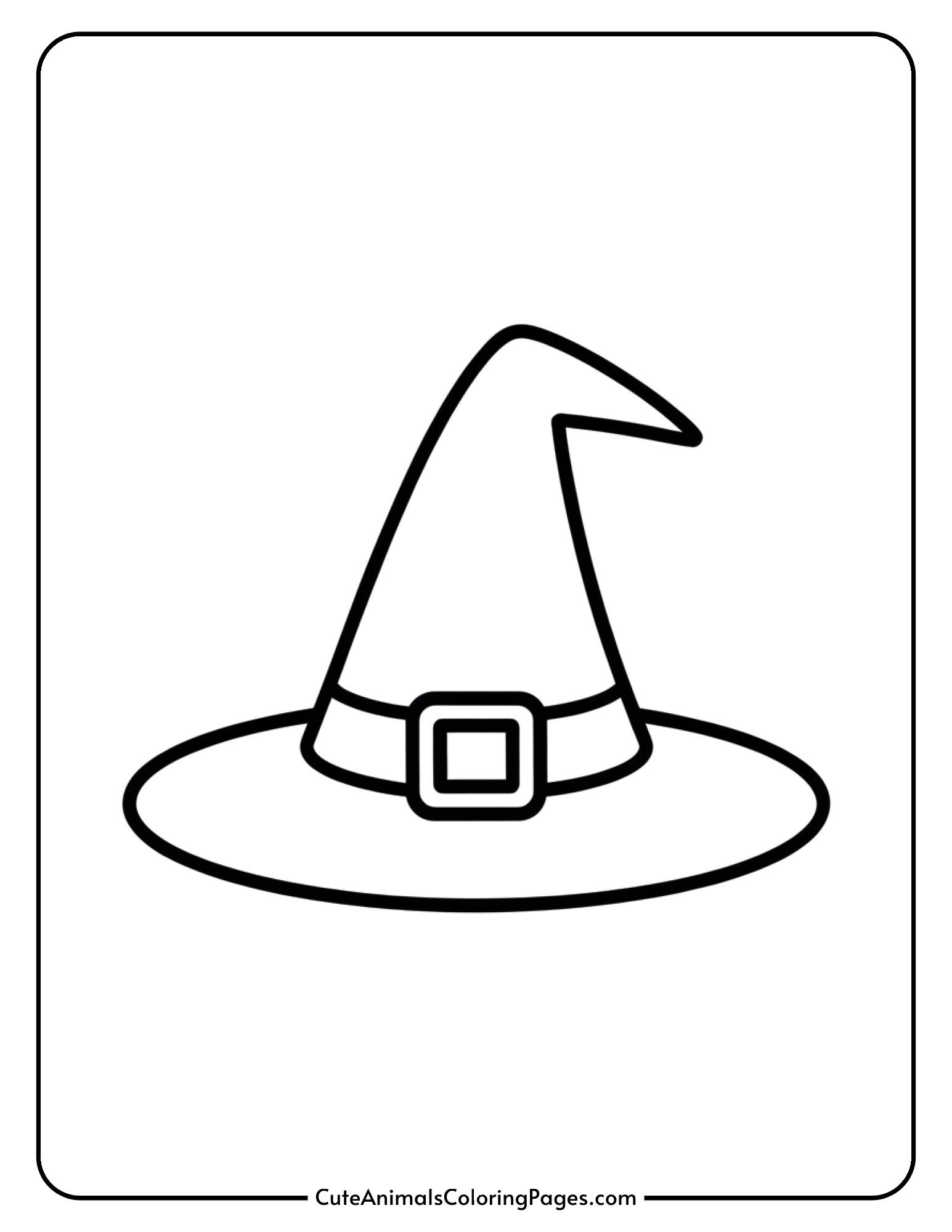 A simple witch hat with a wide brim and pointed top featuring a buckle detail.