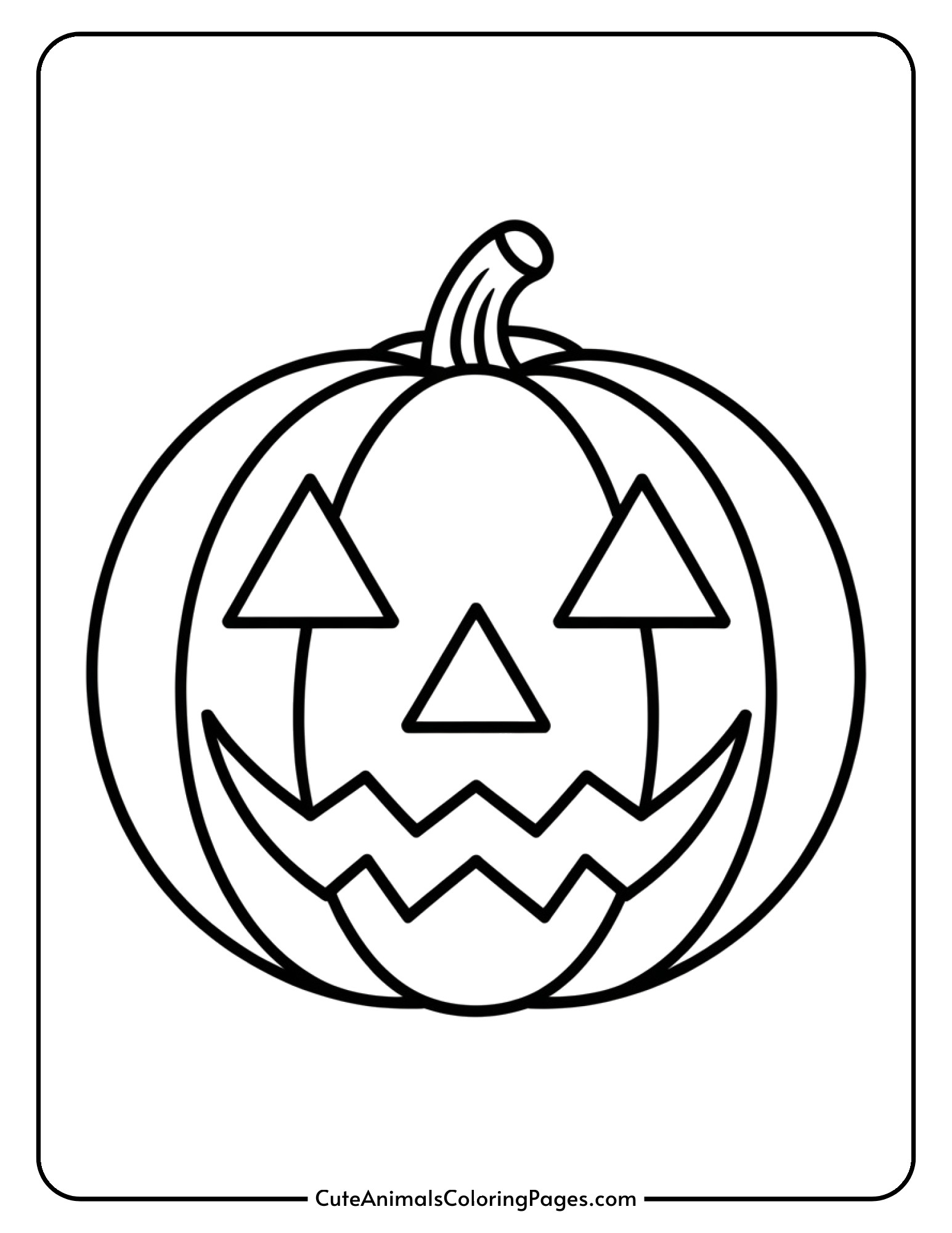A round pumpkin face with triangle eyes and nose plus a zigzag smiling mouth for toddlers.