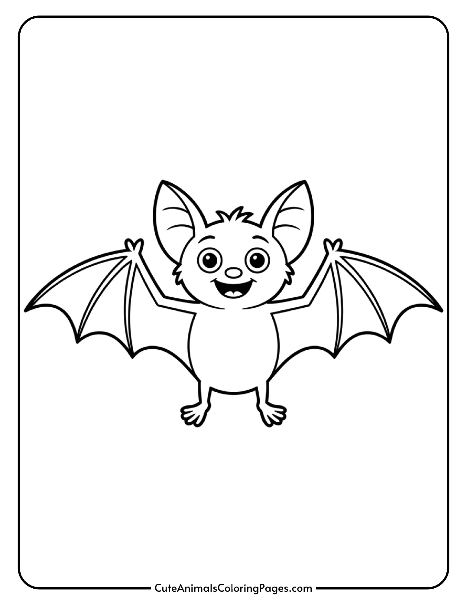 A friendly cartoon bat with spread wings, round body, and a happy smiling face.