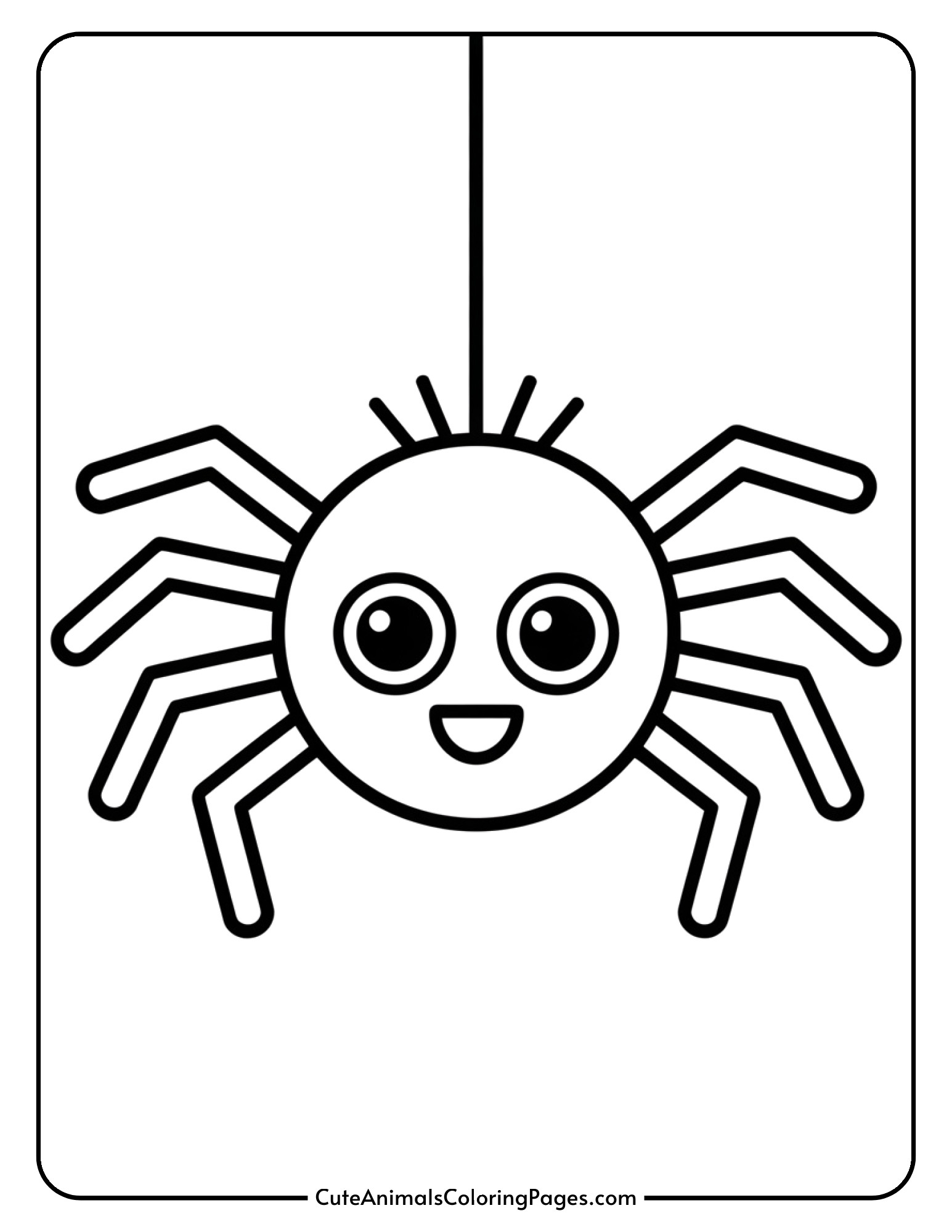 A cute round spider with eight thick legs and a friendly smiling face for toddler coloring.